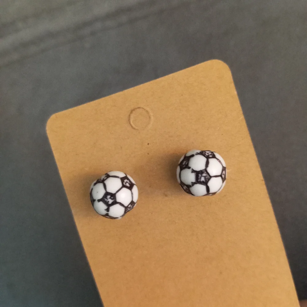 hand crafted soccer ball stud post back earrings black and white - Picture 2 of 6